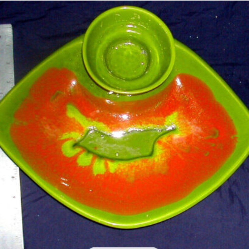 Vtg CALIFORNIA POTTERY Unique, Bold Sunsplash Color USA Chip/Dip BOWL- OOAC